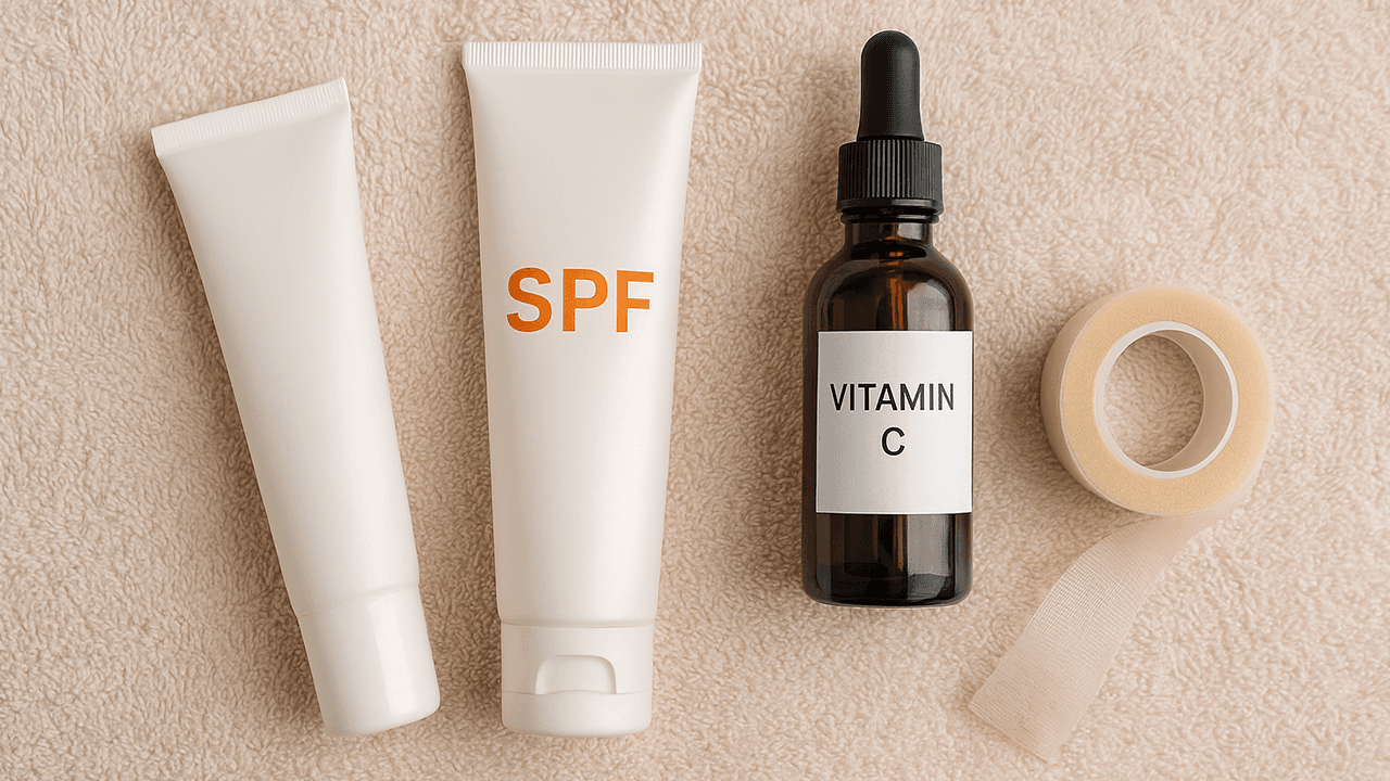 Flat-lay of silicone gel, SPF, vitamin C serum, and surgical tape on a soft towel background.