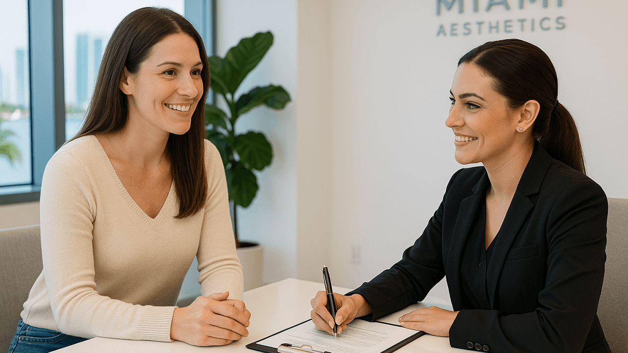 Confident woman consults with coordinator at Miami clinic with skyline and palm trees behind.